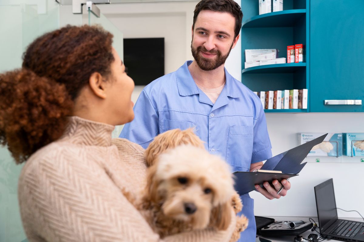 Veterinario profesional atendiendo a un cachorro en su primera consulta médica