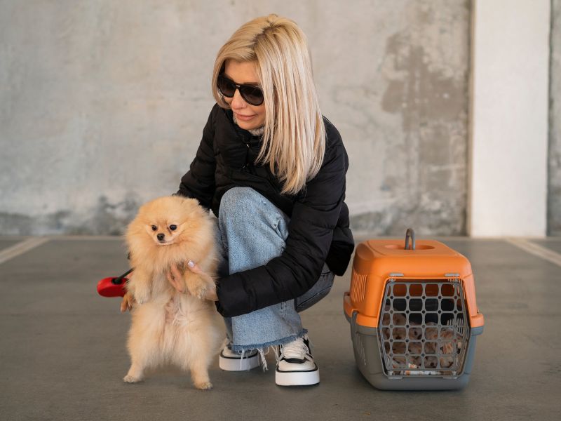 mujer preparando a su perro Pomerania junto a un kennel rígido aprobado por aerolíneas, cumpliendo los requisitos de viaje en Estados Unidos